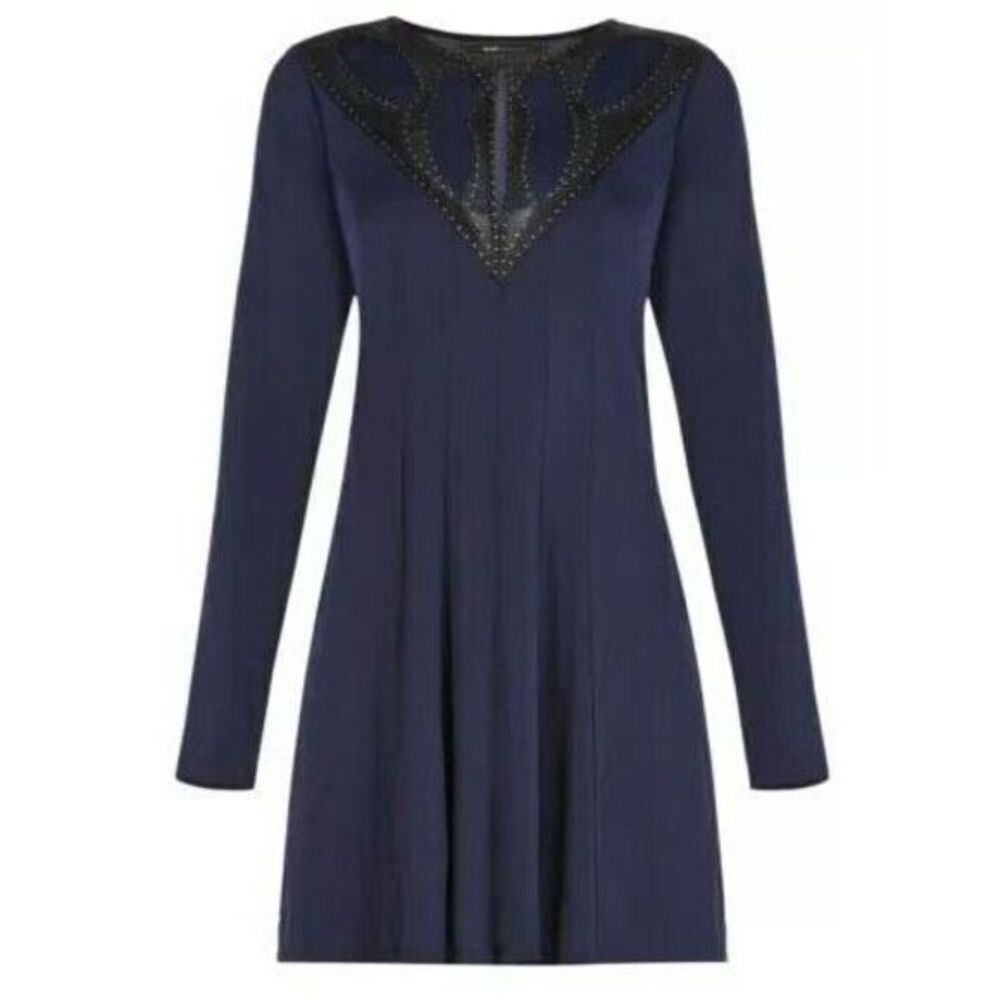 BCBGMAXAZRIA JAENA EMBELLISHED LONG SLEEVE FLOUNCED DRESS MIDNIGHT‎ XXS